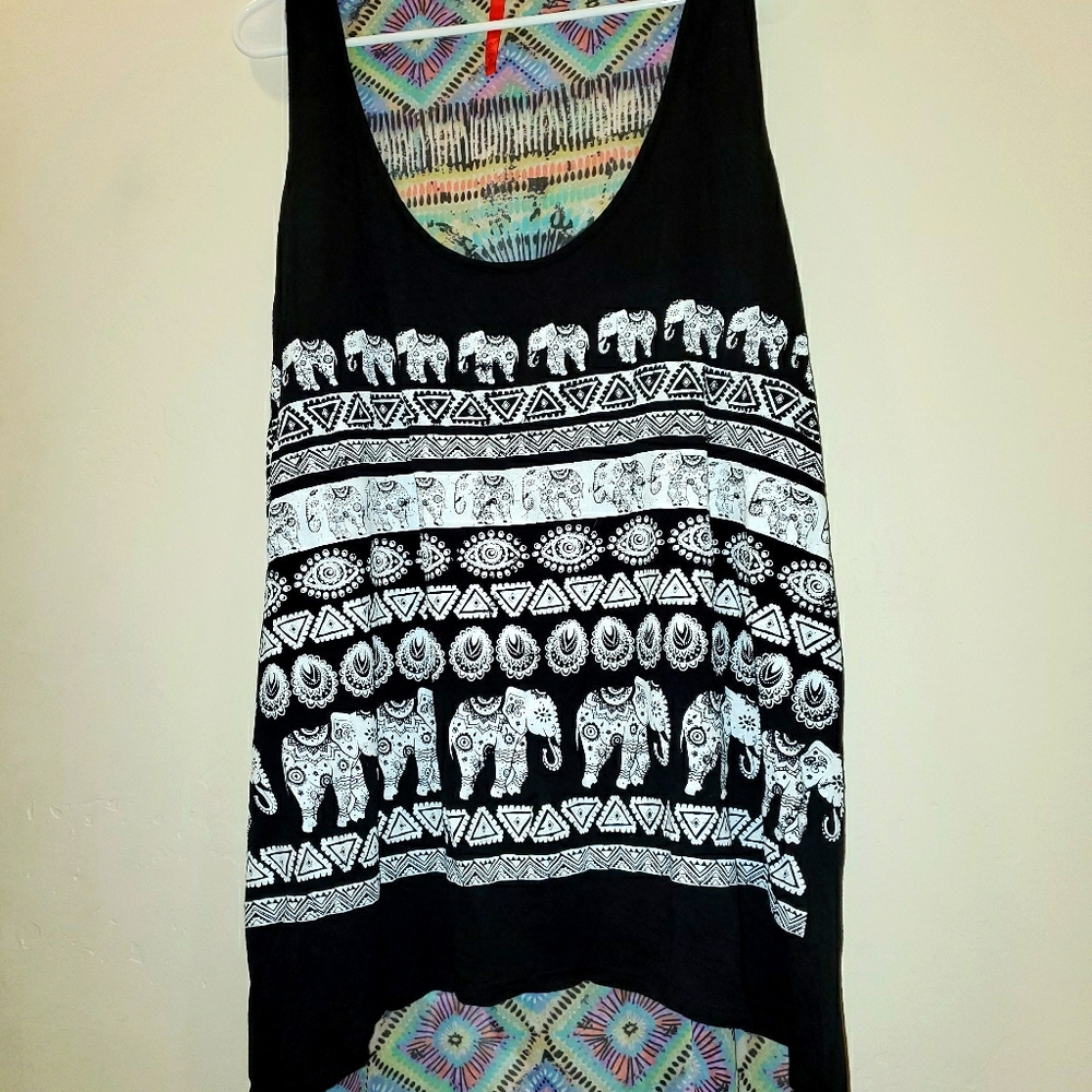 Black-and-white elephant tank top w tie dye back